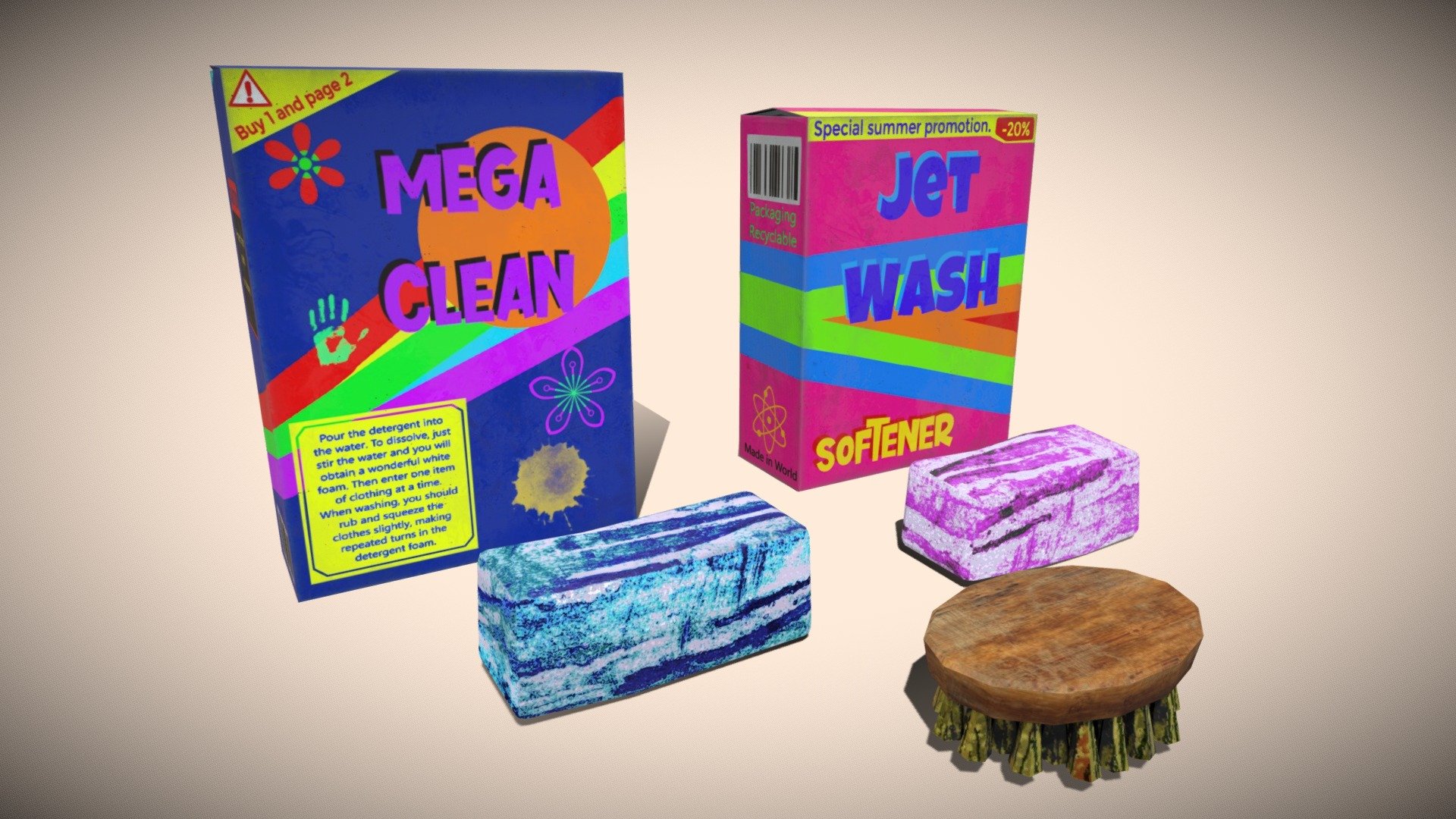 Models with few polygnos good to use in games. Detergent1 and detergent2 have several texts that you can change to your liking with an image editor, like Paint 3D. Additional downloads include more formats, dae, fbx, obj.

&ldquo;There's a surprise gift inside one of the boxes :)