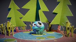 Frog tree, minimal, cute, lake, frog, cardboard, pond, minimalist, fir, npr, stylized-environment, sketchfabweeklychallenge, blender, blender3d, stylized