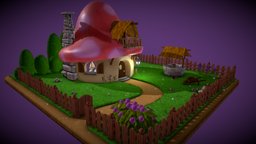 Smurfs Village fence, fireplace, plant, well, grass, mushroom, flower, smurfs, smurf, stones, greenery, low-poly, lowpoly, house, village, camelia