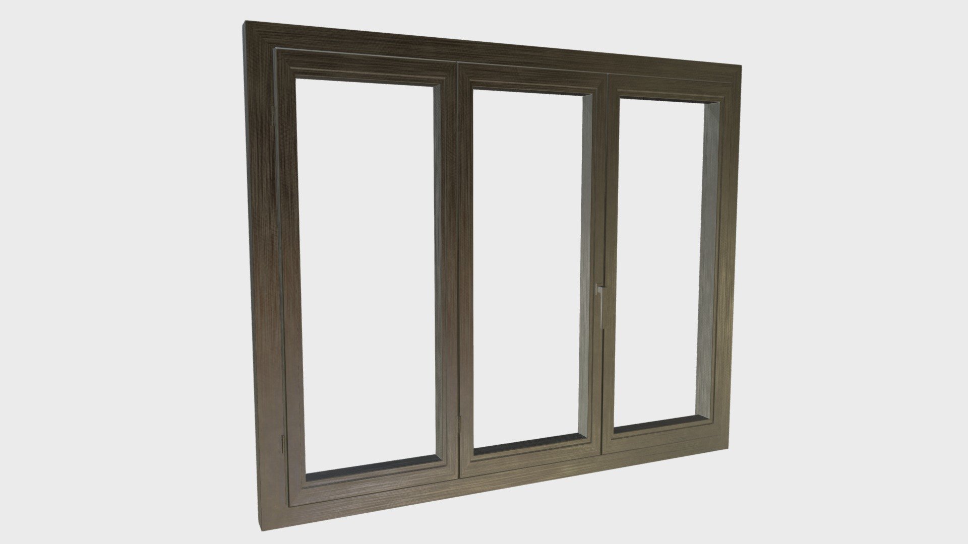 === The following description refers to the additional ZIP package provided with this model ===

3 panels window 3D Model. 8 individual objects (frame, panels, glasses, handle; so, you can actually rotate or even animate them &mdash; see preview images), sharing 2 non overlapping UV Layout maps, Materials (frames, glasses) and PBR Textures sets. Production-ready 3D Model, with PBR materials, textures, non overlapping UV Layout map provided in the package.

Quads only geometries (no tris/ngons).

Formats included: FBX, OBJ; scenes: BLEND (with Cycles / Eevee PBR Materials and Textures); other: png with Alpha.

8 Objects (meshes), 2 PBR Materials, UV unwrapped (non overlapping UV Layout map provided in the package); UV-mapped Textures.

UV Layout maps and Image Textures resolutions: 2048x2048; PBR Textures made with Substance Painter.

Polygonal, QUADS ONLY (no tris/ngons); 13516 vertices, 13470 quad faces (26940 tris).

Real world dimensions; scene scale units: cm in Blender (that is: Metric with 0.01 scale) 3d model