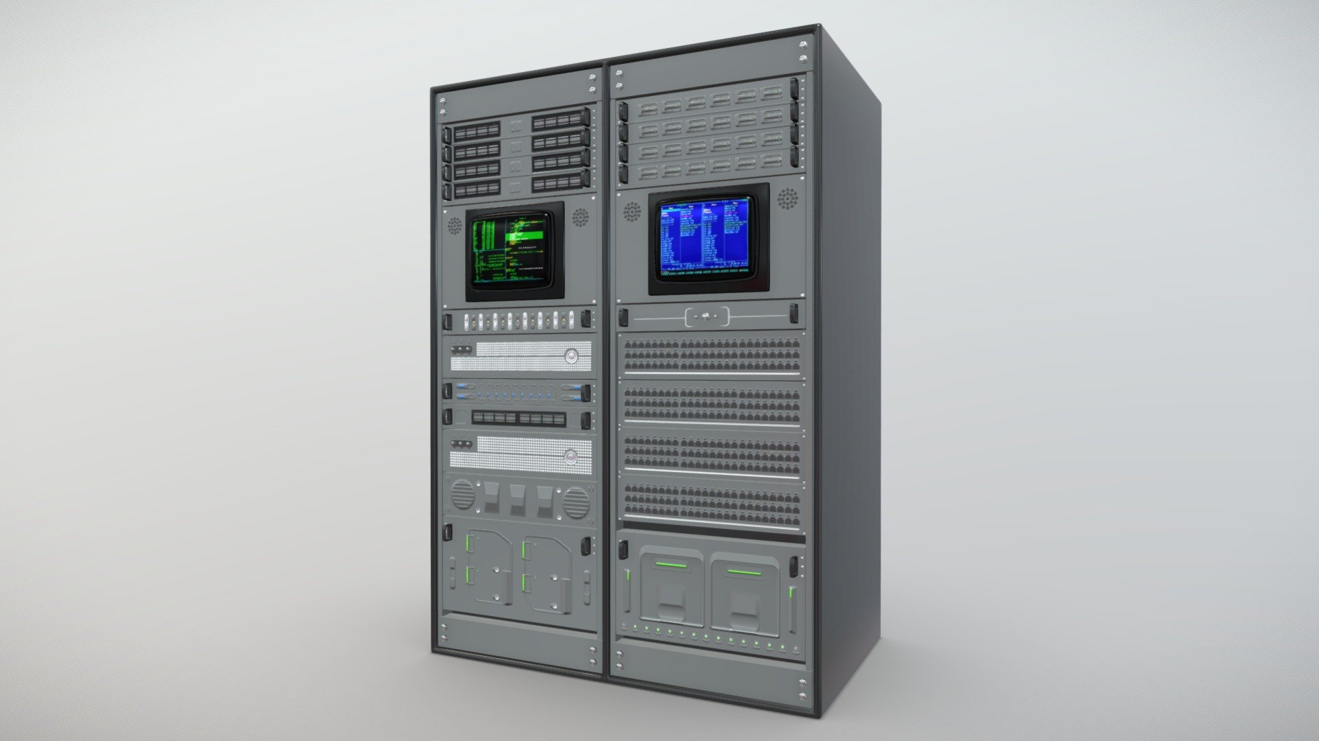 A server rack from the game Blade Runner 9732 is a vertical frame designed to house and organize server components such as servers, storage devices, and networking equipment in a compact and efficient manner. It provides a standardized mounting point for various hardware components and allows for easy access to cables and other peripherals. Server racks are commonly used in data centers or other facilities that require the installation and management of multiple servers. They come in various sizes and configurations to accommodate different types of equipment and can be customized to meet specific needs 3d model