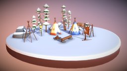 Native American Village-low poly tree, bear, pine, native-american, 3d-art, low-poly-blender, low-poly, animal, history, native-american-artifact-history-arrowhead