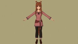 T pose rigged model of Horo cute, holo, teenage, teen, woman, horo, anime-girl, spice-and-wolf, wolf-girl, girl, creature, anime, wolf, rigged, wolf-ears, wolf-tail