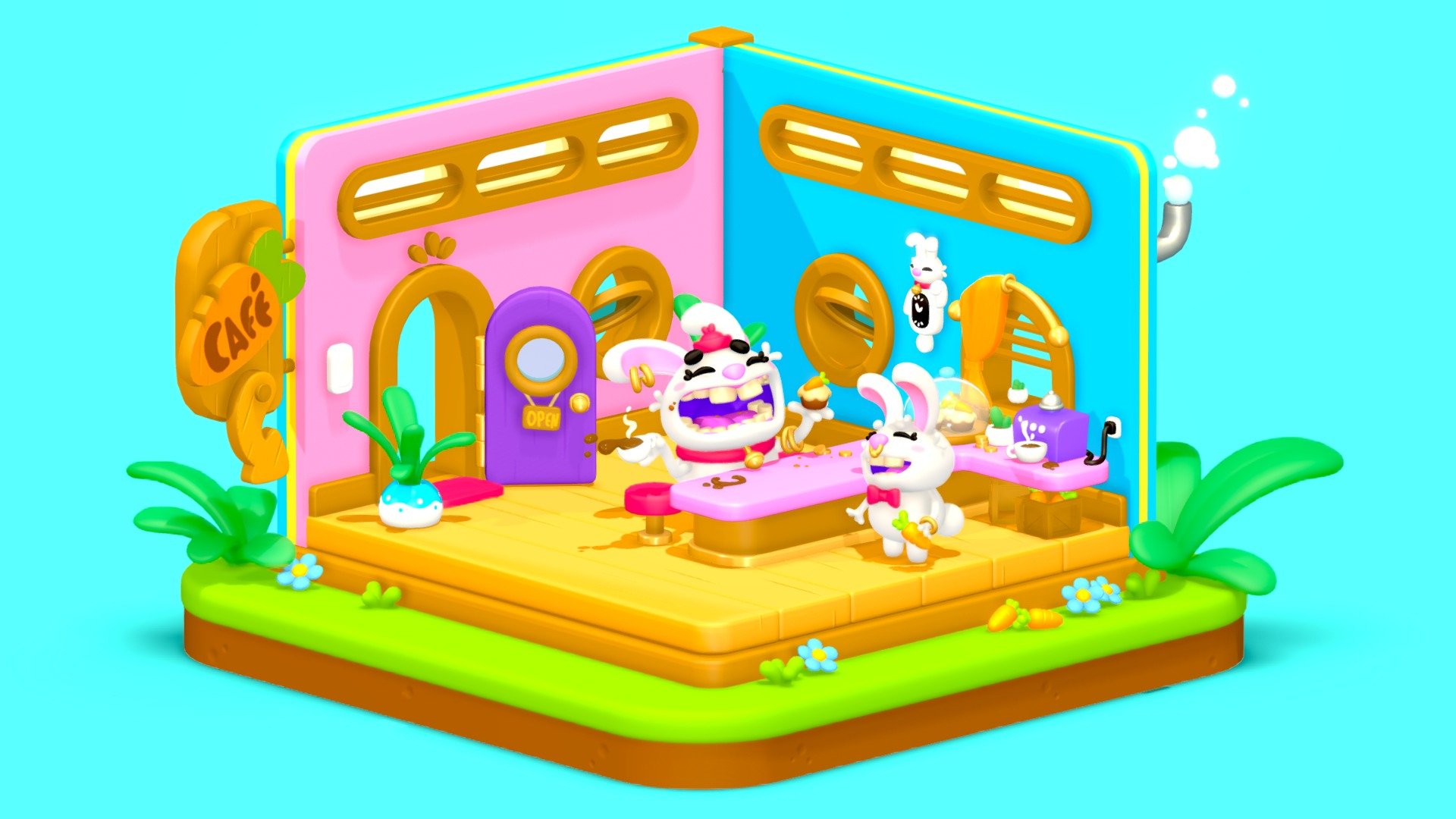 Here's a cute scene I made based on my old Sushi Time scene! This one is a little café for Bunnies who also sale carrot muffins! - Bunny's Café - 3D model by L3X 3d model