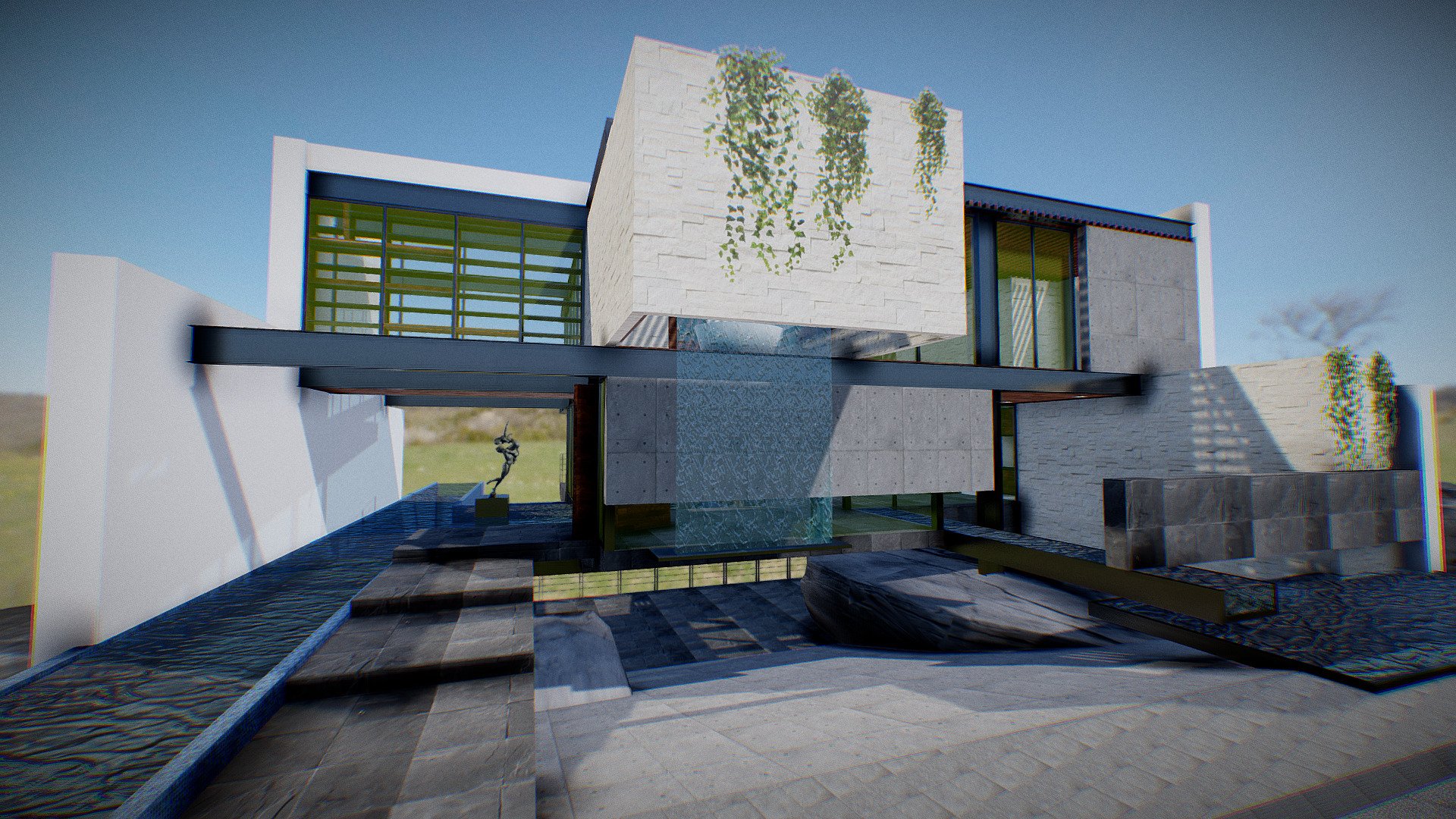 An extremely open house in a rocky mountain, perfect for displaying NFTs with transparent areas of glass and steel. An unconventional area layout that can be redesigned by the client thanks to its structural flexibility 3d model