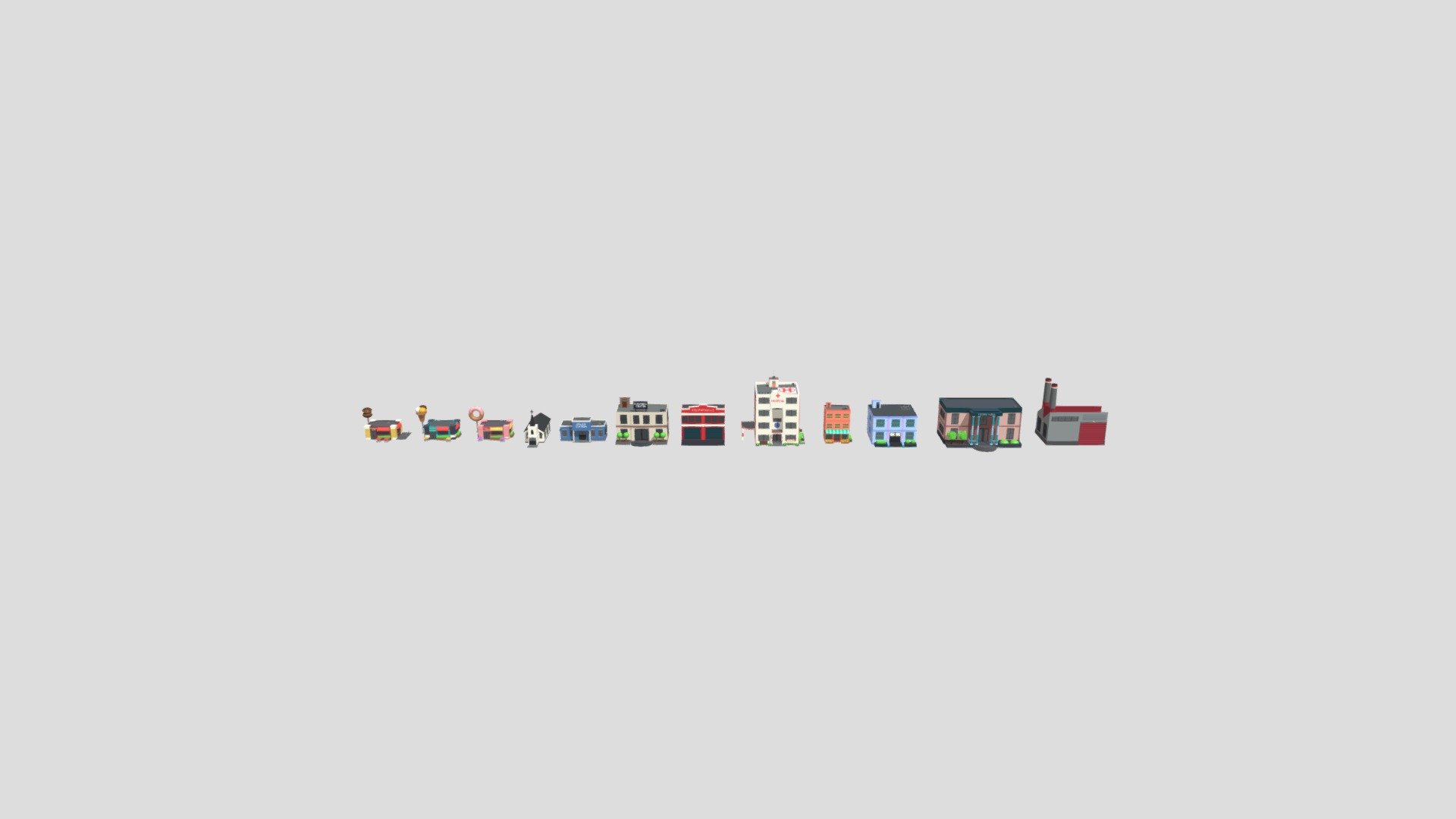 This asset pack offers 12 different types of structures for the city you want to create. The materials were created with a blender.No tissue was taken from outside, only material was used. It is an ideal package for low system gaming. File types found for Asset Bundle: Blend. 3dsMax. fbx. Obj. Stl. dwg. Dxf.
All Counts: 
Build1(Burger Shop) 
Build2(Ice Cream Shop) 
Build3(Donut Shop) 
Build4(Church) 
Build5(Police Station) 
Build6(Bussiness Center) 
Build7(Fire Station) 
Build8(Hospital) 
Build9(House+Greengrocer) 
Build10(Normal House) 
Build11(Town Hall) 
Build12(Little Factory)
All Counts:
Polygons:82313   Edges:172441    Vertices:92069 - SIMPLE BUILDS - Low Poly - 3D model by Vincent.Russell 3d model