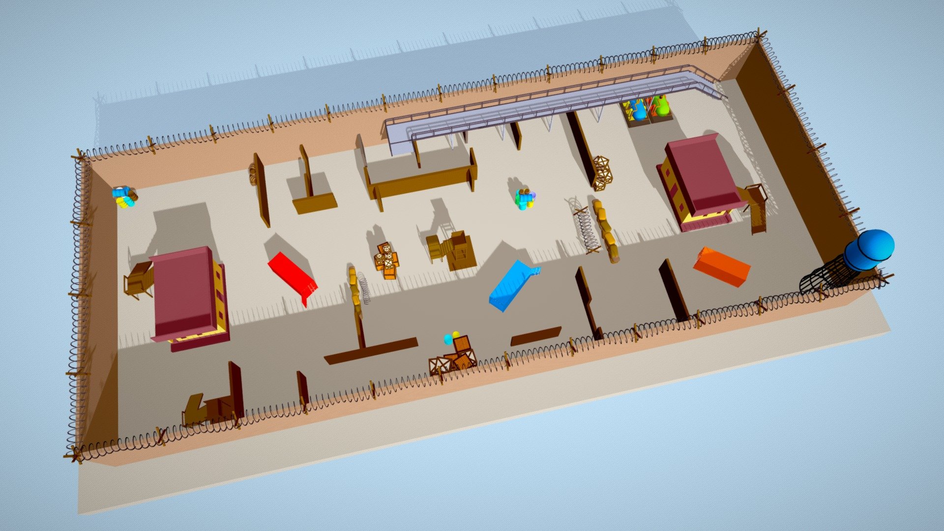 This TDM map area includes very useful assets which can be used for small FPS games. It includes various things like Drums, Barrels, Wooden Boxes, Containers, Liquid Tank, etc. with very nice wall boundaries. All the models are low-poly models and were originally modeled in Blender.

Enjoy this TDM environment map pack for your various usages like showcasing the area, Various games, Rendering, or whatever you want. Leave valuable feedback in the comments section below. Thank you 3d model