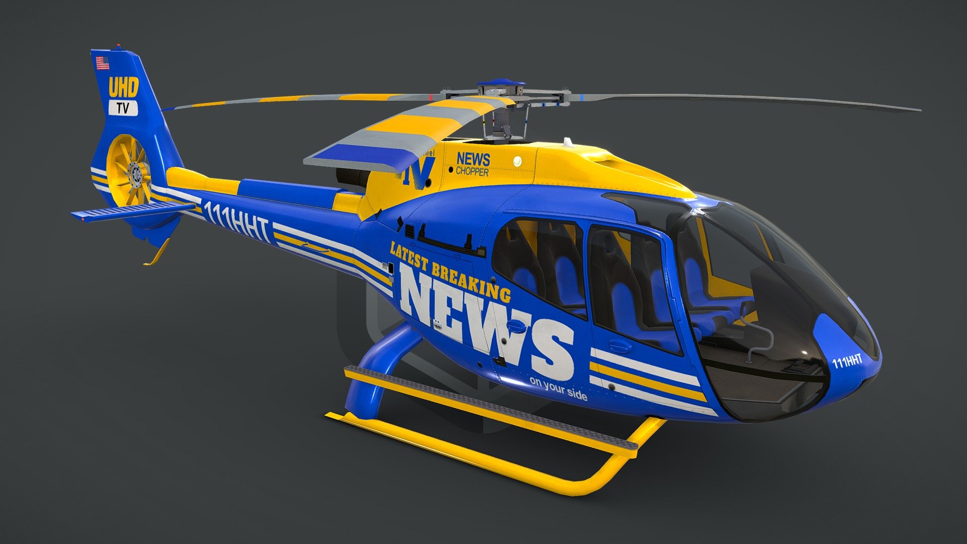 game ready, realtime optimized game asset

unique livery and branding

both PBR workflows ready

LOD0 is HQ lowpoly with bended top rotor, all lights objects and interior

LOD0 19710 tris, LOD1 10462 tris, LOD2 7388 tris, LOD3 5990 tris

100% triangulated and 100% unwrapped non-overlapping

5 x uv layouts, body, HQ rotors, LQ rotors, interior, lights

made using blueprints, real world scale meters

all rotors detached and animable in each LOD with properly placed pivots for flawless animations

hideable capsule built interior that fits perfectly the body

interior is simple but a great basis for further elaboration

big textures pack with native 4096 x 4096 px textures for body, rotors, interior

LOD3 rotors have own textures with blades on alpha channel

light objects have own, small, textures, and contain an emission map

pack contains native .max scene, created in 3dsmax 2014

pack contains clean and flawless FBX and OBJ files

each LOD and all LOD together exported in each file format
 - News Helicopter EC130-H130 Livery 13 - Buy Royalty Free 3D model by CGAmp 3d model