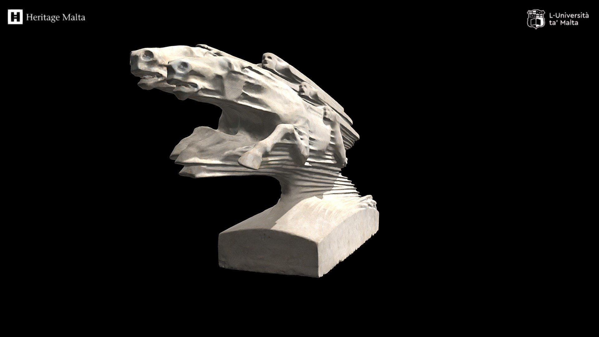 ‘Speed’ (1920s) is one of Antonio Sciortino’s equine sculptures but it aims to express an abstract concept, that of speed. The horses seem to blend into one another as they race forward and are reduced to little more than horizontal lines. The stylisation of the sculpture betrays an Art Deco influence, but the concept and the use of lines to depict movement look towards Futurism. The lines are the gushes of displaced air caused by the forward projectile movement of the horses. Only the horses’ heads with flaring nostrils and their front legs remind us that this is a figurative work. 
Sciortino felt strongly about this piece, describing it as a strong power passing through which no obstacle can stop, leaving behind a force leading in the opposite direction 3d model