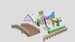 Townstuff tree, fence, town, cartoon, house, bridge
