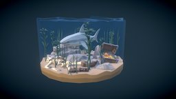 POLYGON shark, scene, skeleton, studios, teeth, ocean, water, facited, low-poly, asset, 3d, animal, sea, pirates