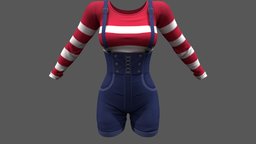 Female Denim Shorts Overalls Sweater Outfit cute, kids, tshirt, fashion, shorts, girls, top, long, clothes, summer, sweet, sleeves, striped, womens, outfit, overalls, wear, crop, denim, combo, blouse, coveralls, pbr, low, poly, female, blue