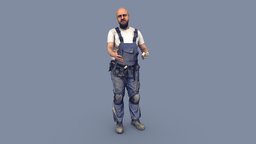 Bald Worker in Overalls Greets people, standing, garage, photorealistic, beard, service, worker, labor, tool, uniform, builder, belt, photoreal, overalls, bald, gloves, handyman, handshake, coveralls, man, construction, beltbag