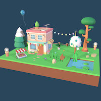 Cartoon Tow tree, lights, birds, garden, pond, town, cartoon, blender, building