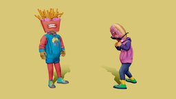 fries and donut food, boxing, glasses, donut, fries, hoodie, rigify, character, blender, animation, rigged, fireglasses, pixelglasses