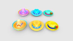 Cartoon beach hats hat, cap, tropical, fashion, island, travel, holiday, beach, watermelon, leisure, traveler, lowpolymodel, handpainted, sea