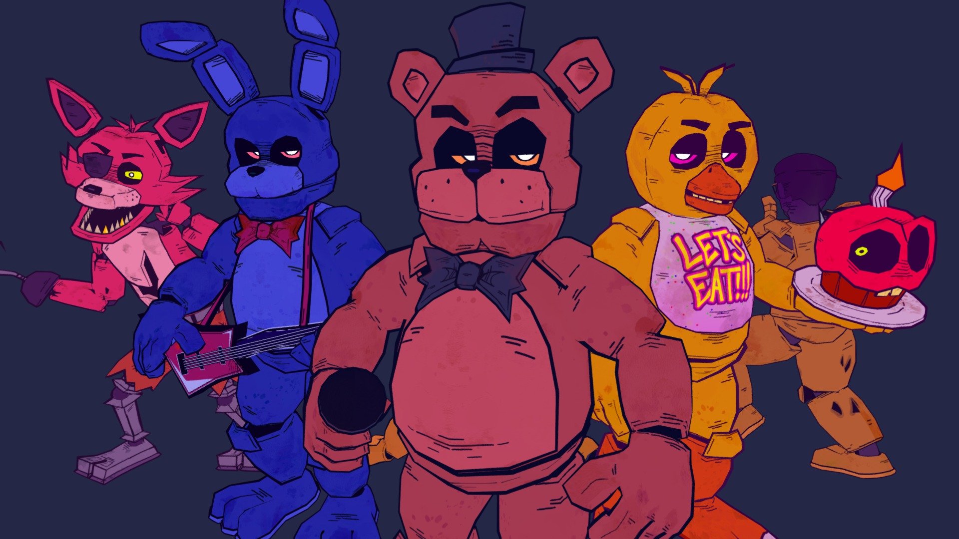 See you on the flipside!

Here's a fun little project I started after making Freddy for fun, I had to do the other characters. May do some FNaF 2 ones at a later date!

This pack includes:
- Freddy Fazbear (With microphone, has Golden Freddy blendshape and texture)
- Bonnie (With guitar)
- Chica (With cupcake)
- Foxy
- Yellow Rabbit (With knife, mask, maskless version)

Feel free to use, just please CREDIT ME!!!!

DOWNLOAD: https://drive.google.com/file/d/1-KaUA5iXUo84gY8EdaRnZ8-Ff_1eZzXB/view?usp=sharing - Stylized Five Nights at Freddy's - 3D model by VibaPop 3d model