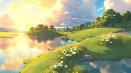 HDRI Cartoon Panorama J trees, tree, virtual, plant, sky, landscape, 360, panorama, equirectangular, skybox, skydome, unity, cartoon, stylized, spherical-panorama, createdwithai, skysphere
