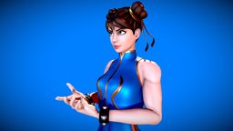 Chun-Li pose, videogame, muscles, china, brown, woman, yellow, chun, streetfighter, li, chunli, chun-li, substancepainter, character, girl, game, blender, lowpoly, animation, gamecharacter, blue, rigged, gold