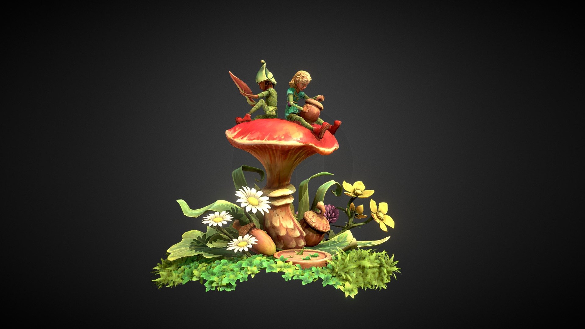 On the forest floor in the nearby woods live two dwarves. Maya, with a spark of flame and Espen, the tinkerer. The creative duo loves building all sort of ingenious contraptions and today they come up with a new idea. While testing a new propeller an accident happens! With a strong gust of wind both Maya and the propeller fly away into a distance leaving confused Espen behind.

TIt is but a beginning of their story - Will Espen find Maya in the far
lands?

Animated scene that I created as a commission for Guido and his game
Hubschreiber. The game (coming soon) will teach children hand-eye
coordination as they explore magical woodlands 3d model