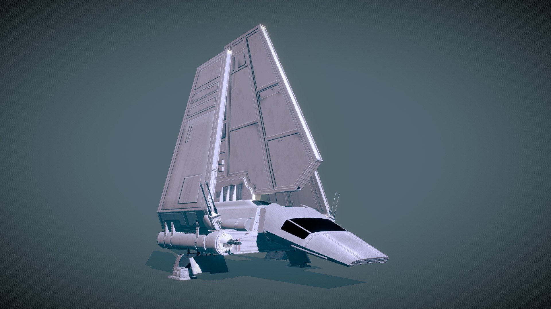 NEW VERSION HERE  https://skfb.ly/6RJRF

PBR Ready, made for use in UE4 but will work in other programs.

Wings are detached, so an animator can animate them with 3ds max or maya.

FBX format, material IDs are named in 3ds max to correspond to the texture names. 

Recreation of the Imperial Shuttle from Star Wars

Elements such as the wings and guns are not joined to anything just attached so can be detached and animated in an appropriate 3d program.

6 Material Ids

20k poly model for lower end machines.

I aim to make a higher poly version at some point, closer to 80k - Imperial Shuttle - 3D model by Philip Gilbert (@PhilipAGilbert) 3d model