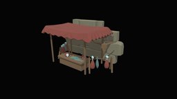 Cartoon butcher market Polygonal tent, exterior, medieval, polygonal, store, market, trade, stall, butcher, craftsman, stalls, cartoon, lowpoly, poly, city, building, street, fantasy, shop, village, botcher