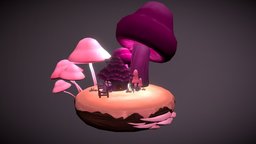 Tiny cabin scene, plants, mushroom, flora, purple, cartoony, cabin, pink, mushrooms, diorama, nature, colorful, stylyzed, maya, handpainted, photoshop, lowpoly, house, fantasy, environment, tinycabinchallenge, tinycabin