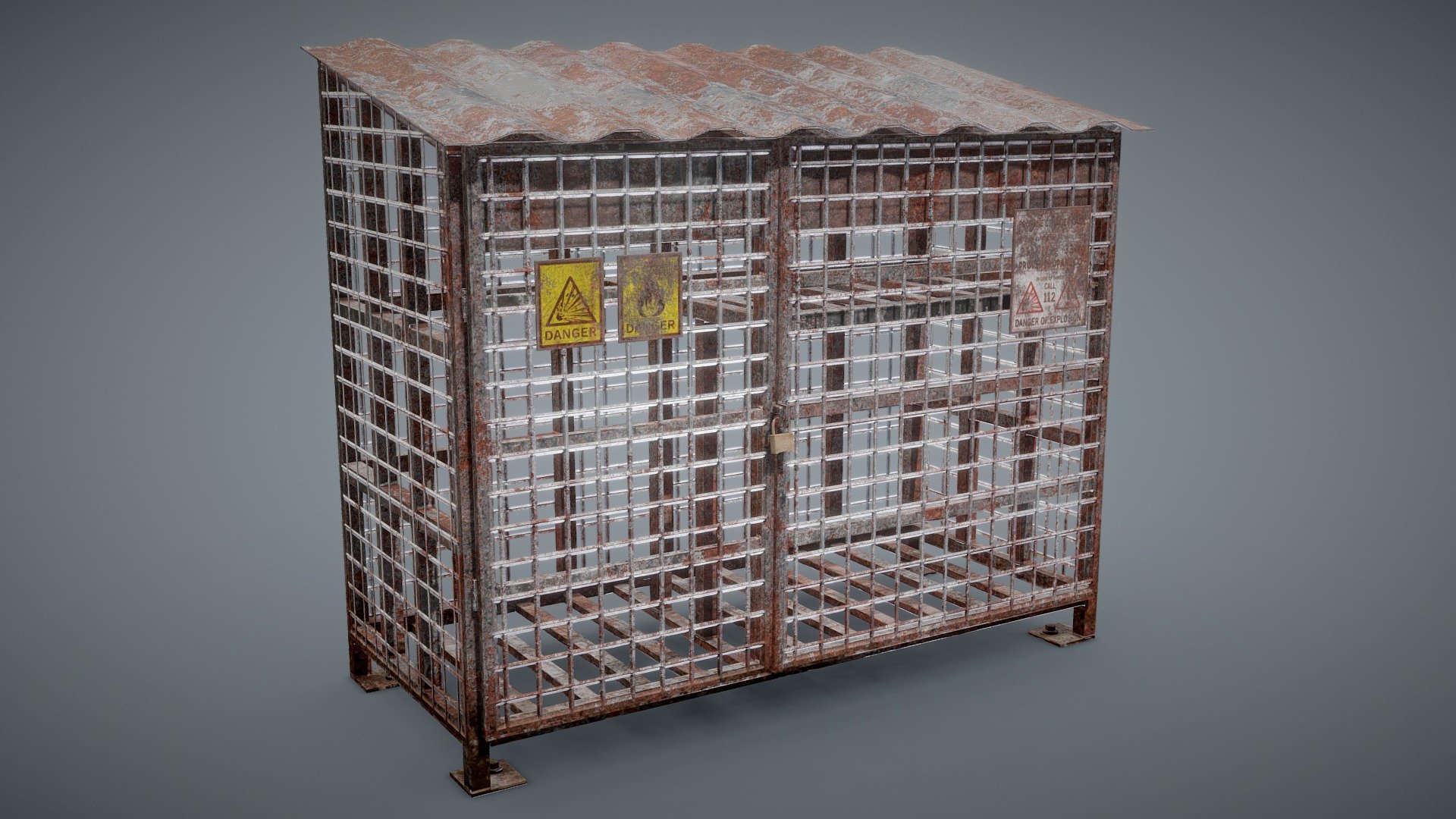 Additional file contains manually made LODs in 4 stages and custom collider in .fbx, .gltf and .obj formats as well as 1x4k and 2x1K texture sets for Unity5, Unity HDRP, UnrealEngine4, PBR Metal Roughness.

Some textures resolution is lowered to 2K in order to not exceed 50 mb upload limit. In additional downloadable files full 4K texture resolution is available.

Contains also a model of Padlock Rusty

Available as a whole collection with all my Gas Cylinders at other sites 3d model