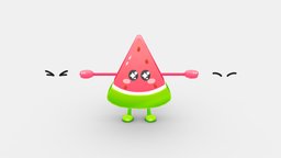 Cartoon watermelon- fruit mascot with expression fruit, mascot, watermelon, elves, lowpolymodel, fantasy, magic