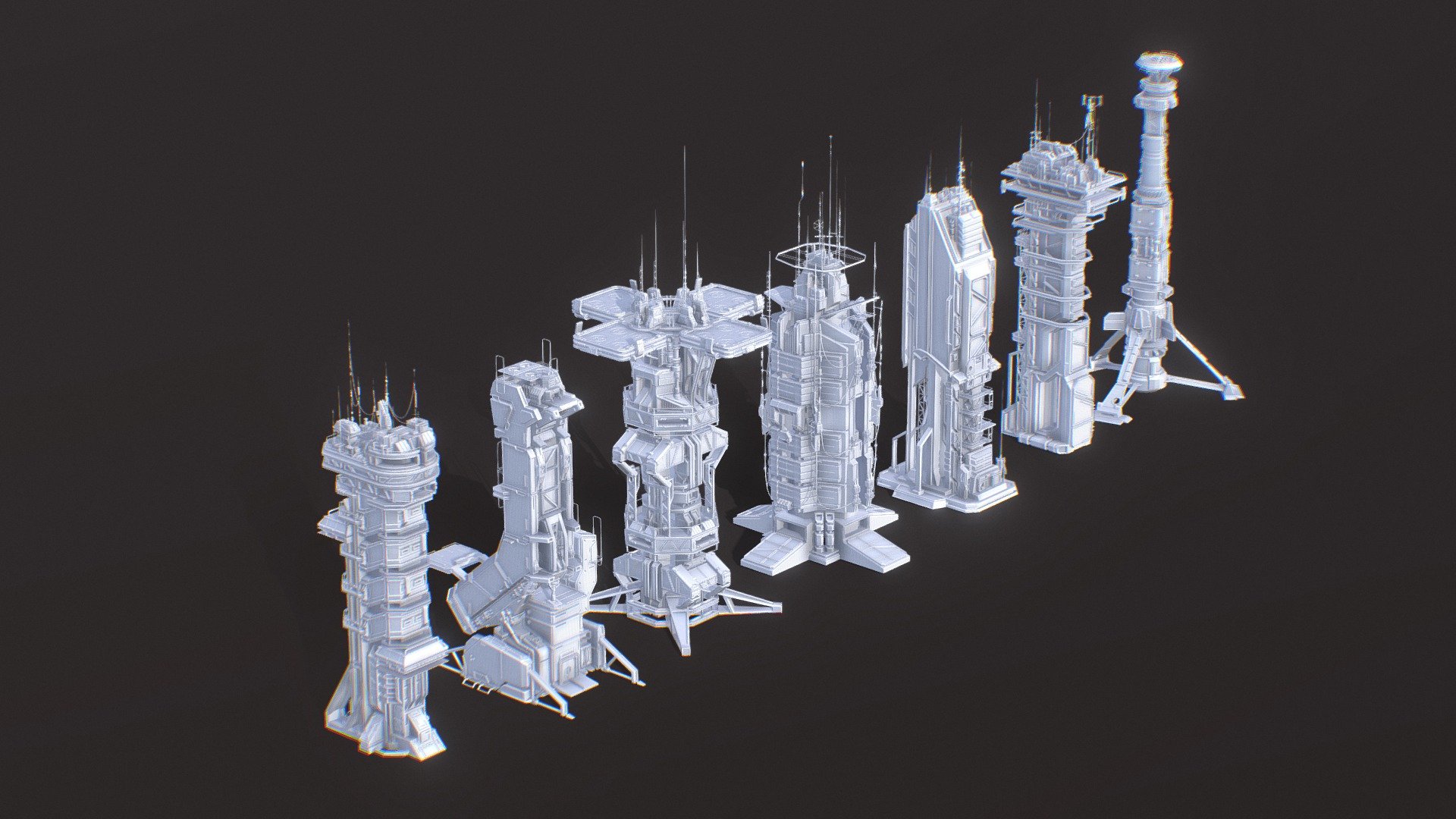 Total unique meshes 7, i was aiming to maintain low poly count while at the same time contributing to detalization and overall style of the each separate building

Can be used for concepting, background, matte painting, look development ,can be tweaked and readjusted to game ready or for printing etc..

please note that this is not a game ready model , but a low poly concept mesh , means that you might not find clean geo/uvs but you can turn it into a game ready, retopo it etc..


Automatic UV, clustered, overlapped
No textures
No materials
Total: Tris - 439669
 - Scifi Futuristic Military buildings Low-poly - 3D model by Volodymyr Hrushevskiy (@HrushevskiyVolodymyr) 3d model