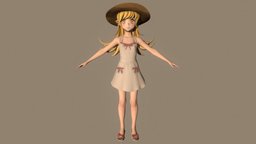 T pose rigged model of Shinobu Oshino cute, vampire, bakemonogatari, dress, sandals, monogatari, shinobu, woman, fangs, long-hair, anime-girl, straw-hat, girl, female, anime, rigged, monogatari-series, shinobu-oshino, blond-hair