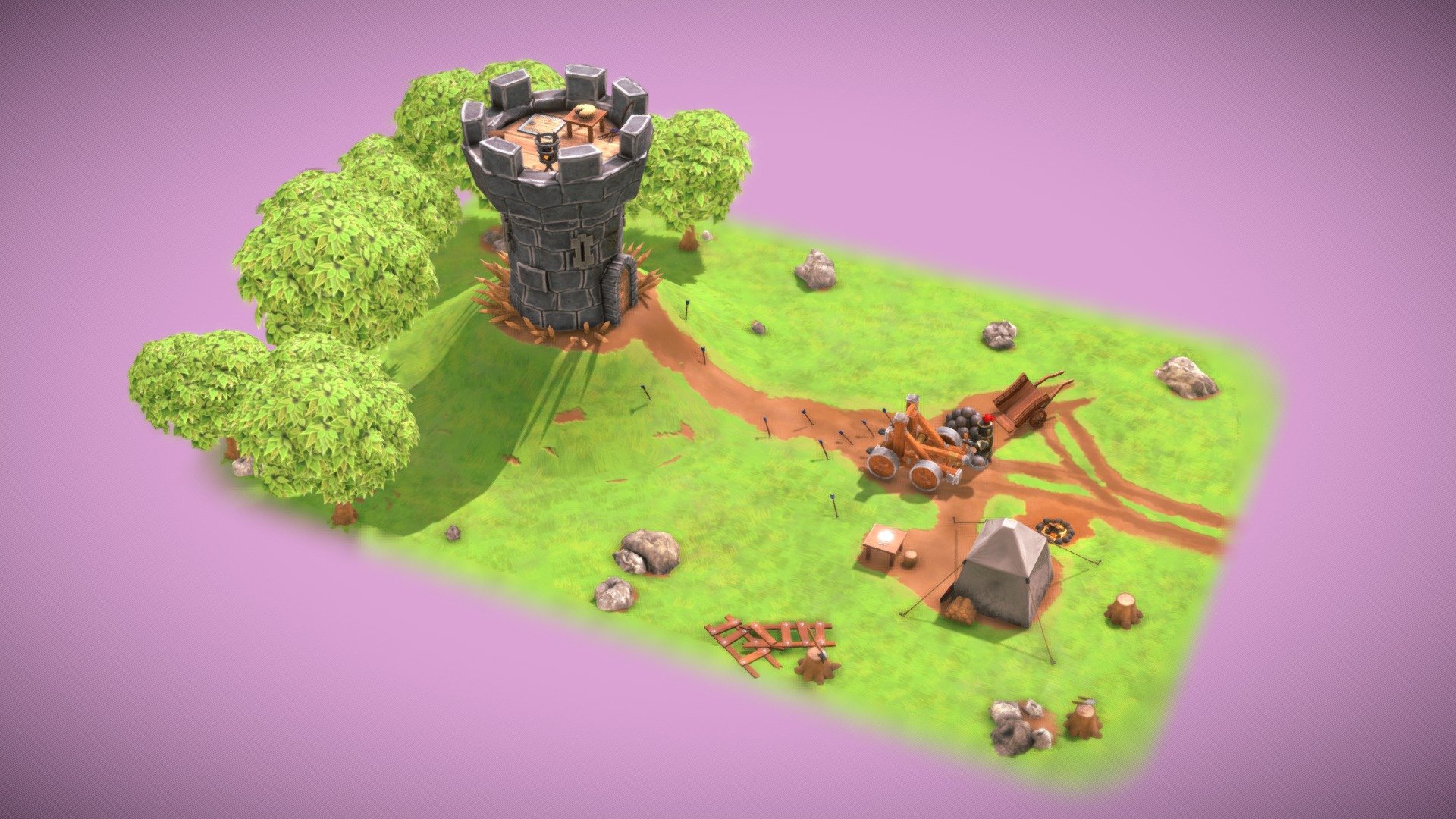 This project started as a small desire to model something medeval. I started on the catapalt, and from there wanted to animate it. However i thought it would be fun to have a looping animation. This then spawned the idea to create a character who was determined to siege this tower after after he formed a sort of rivalry with the owner of the tower. 
I ended up adding a lot of addition props to the scene that i hadnt originally accounted for. I also removed a character from the tower, who i put a bit of time and work into, but he just didnt fit into the scene well enough (i may do a seperate/individual upload of that character).

This was my first animation (in several years) of my own character, modeled and rigged from scratch. Im not really an animator, but i thought it would be a fun challenge to add in a character and fully animate them. 
Modeling and animation was completed in Maya and Zbrush. Texturing in Substance painter and photoshop

It came to about 2.5 weeks to complete animation being the slowest - The Fat Knight - 3D model by Mike Nixon (@MichaelNixon) 3d model