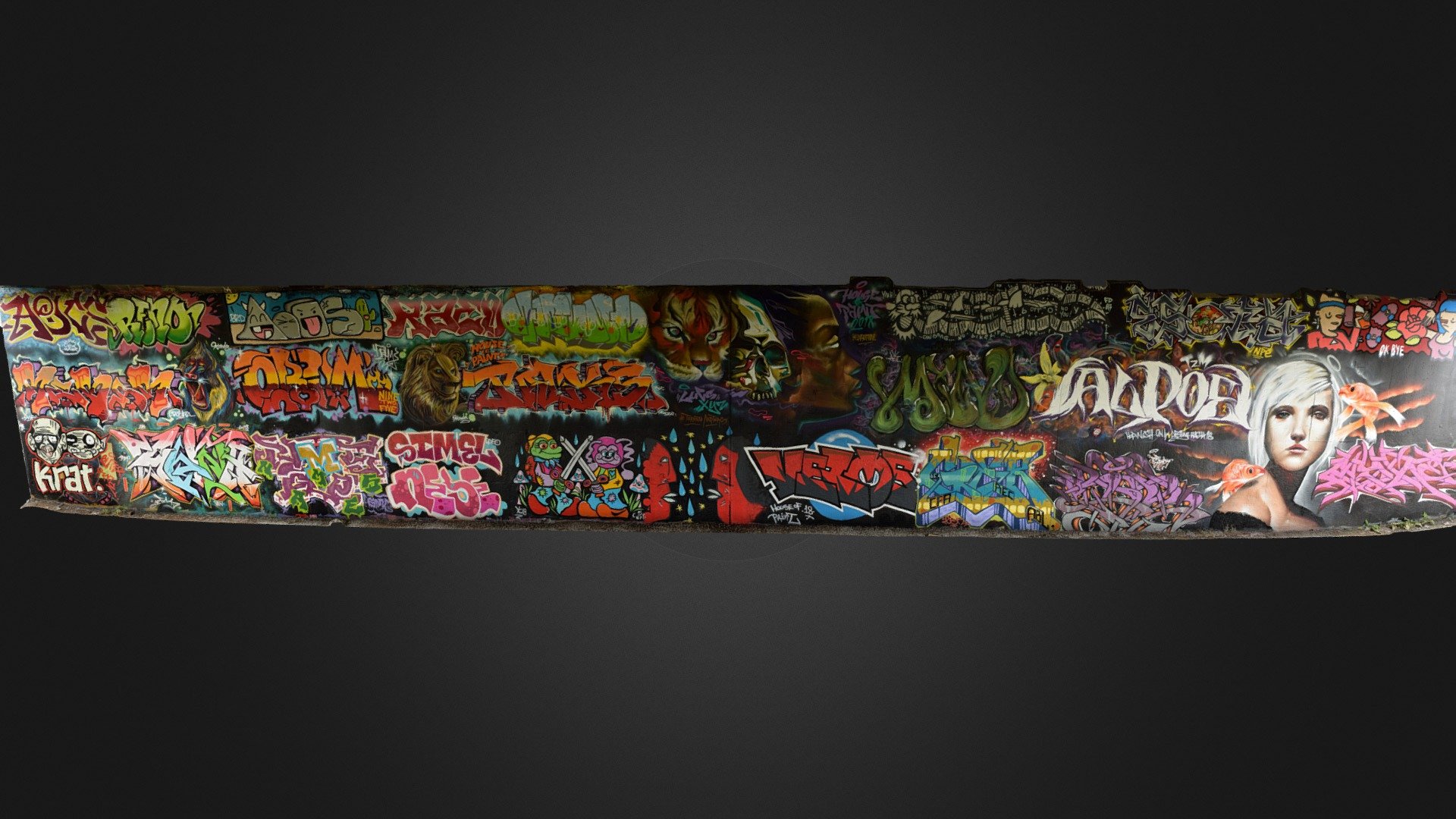 This is a model of the North section of the House of PainT August 2018 graffiti under the Dunbar Bridge (Bronson @ Rideau River) in Ottawa, ON. Photos were taken September 11th, 2018.

I’m experimenting with DSLR and software settings (Bentley Context Capture); this one is Medium Geometric Precision; Small hole-filling; Standard Simplification; Texture compression quality: 100% quality JPEG (but then imported into SketchFab which automatically compressed); Maximum texture size: 8192.

I cleaned up the model in Bentley Descartes.

Next I'd like to laser scan the whole underside of the bridge and photograph the South section, and share a model of the whole area 3d model