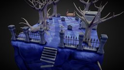 Graveyard tree, fence, gate, graveyard, torch, stand, tombstone, ladder, pillar, crypt, steps, stone, bridge