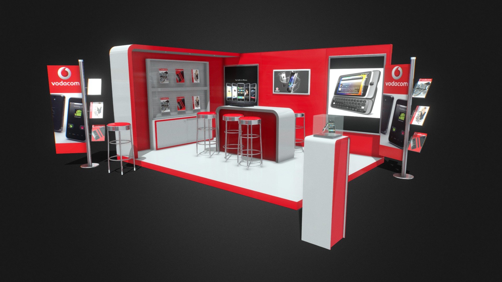 Exhibition display stand or booth trade show in mobile or cellular industry. please note rhe branding can be changed and the booth or stand is required for any other 3d asset purposes in marketing or trade show context.

The .Blend file is packed and textures embedded (JPG) - Exhibition stand booth trade show mobile vodacom - Buy Royalty Free 3D model by 3D Content Online (@hknoblauch) 3d model