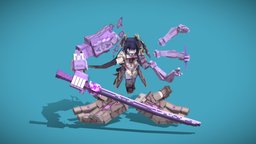Raiden Shogun fanart, humanoid, games, japan, warrior, demon, katana, samurai, asia, shogun, sand, boss, mask, sword-weapon, pixel-art, humanoid-robot, blockbench, minecraft, robot, pixelart, japanese, genshin, genshinimpact