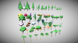 Cartoon vegetation trees, plant, landscape, forest, other, palm, rocks, frog, vegetation, nature, bush, pines, jungle, shrubs, boulders, cartoon, low, poly, environment, simps, cartoonvegetation