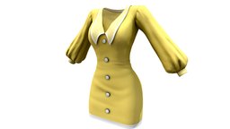 Bishop Sleeves Wide Collar Mini Retro Dress mini, vintage, fashion, retro, up, girls, clothes, summer, dress, bishop, yellow, sleeves, womens, wide, wear, flapper, buttoned, collars, pbr, low, poly, female