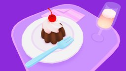 Cherry Cake with Champagne drink, food, cute, cake, plate, cherry, purple, fork, unlit, dessert, champagne, bubbles, sparkly, handpainted, unity3d, lowpoly, piano, creature