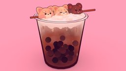 Cute boba tea drink, tea, bear, cute, dog, boba, drinks, bubbles, shiba, doge, dango, doggo, substancepainter, substance, handpainted, blender, animal, stylized, cup, noai