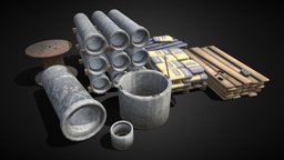 Construction Site Asset Pack pallet, pipe, plank, hammer, cylinder, concrete, planks, reel, pipes, cement, shovel, construction-site, freemodel, substancepainter, blender, pbr, free, construction, industrial