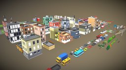 Modular Stylized Low Poly Cartoon City tree, optimise, asset, lowpoly, car, building, street