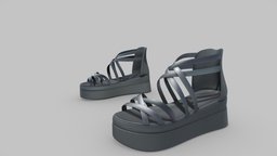 Female Black Straps Plaform Sandals cute, leather, platform, fashion, girls, shoes, sandals, straps, ankle, casual, womens, wear, pbr, low, poly, female, black