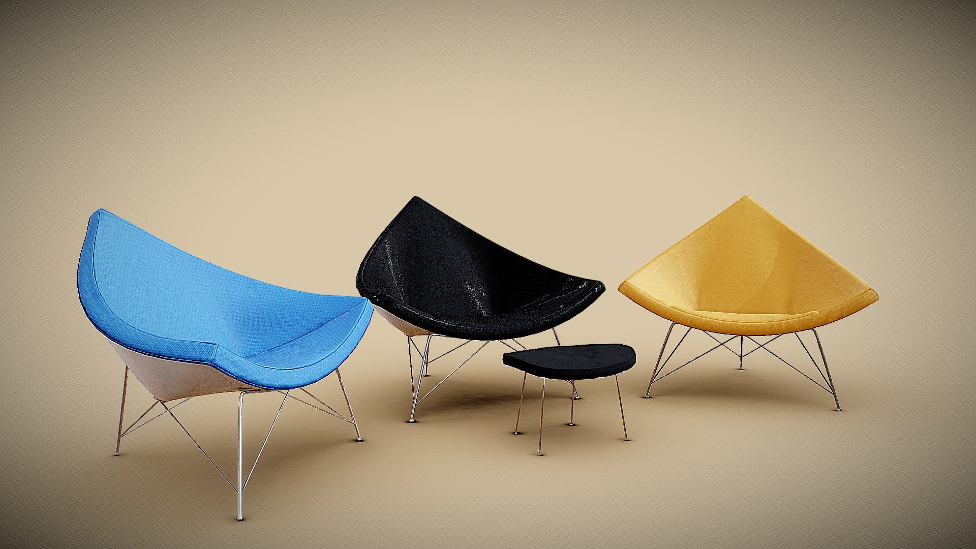 The Coconut Chair - George Nelson 1955

Dimensions: 1040mm (w) x 830mm (d) x 835mm (h)

Adjustable leather and fabric colours. Wear and tear mask available also. Coconut stool is not sold seperately.

Coconut Chair V1: Verts: 3,868 Tris: 7,589

Coconut Chair V2: Verts: 3,226 Tris: 6,393

Coconut Stool: Verts:  1,057 Tris: 2,064

Made with Blender 2.83 - Nelson Coconut Chair - Buy Royalty Free 3D model by IsolatedVertex 3d model