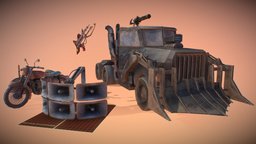 DAE 5 Finished props bike, truck, autodesk, ruin, speaker, guitar, rust, desert, motorbike, portfolio, sand, diorama, props, daehowest, madmax, wastland, lowpoly, noai, rustborn, cbt