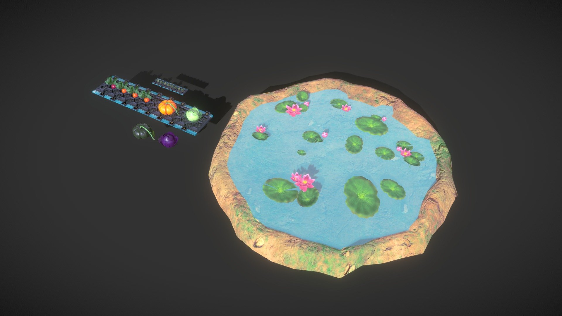 Plant props for decorating your environment.
3 different lotus flowers and 5 leaves.
Props can change colors.

Cabbage:
Polycount 1664 Tris

PNG Texture 2048 
(Albedo, Normal, Specular, and AO)

Carrot:
Polycount 1016 Tris

PNG Texture 2048
(Albedo, Normal, Specular, and AO)

Pumpkin:
Polycount 518 Tris

PNG Texture 2048
(Albedo, Normal, Specular, and AO)

Leaves:
Polycount 168 Tris

PNG Texture 512
(Albedo, Normal, Specular, and AO)

PlantTray:
Polycount 1349 Tris

PNG Texture 2048
(Albedo, Normal, Specular, Emission and AO)

Lotus Flower:
Polycount Tris: 
LotusA 10655 
LotusB 3611
LotusC 10655

PNG Texture:
Lotus 512
LotusStamen 256
(Albedo, Normal, and Specular)

Lotus Leaves:
Polycount Tris :
Leaf01 346 
Leaf02 720 
Leaf03 352 
Leaf04 342 
Leaf05 720 

PNG Texture 1024
(Albedo, Normal, Specular, and AO)

Pond:
Polycount 376 Tris

PNG Texture 2048
(Albedo, Normal, Specular, and AO)

surface water is a simple plane with transparent material and does not move 3d model