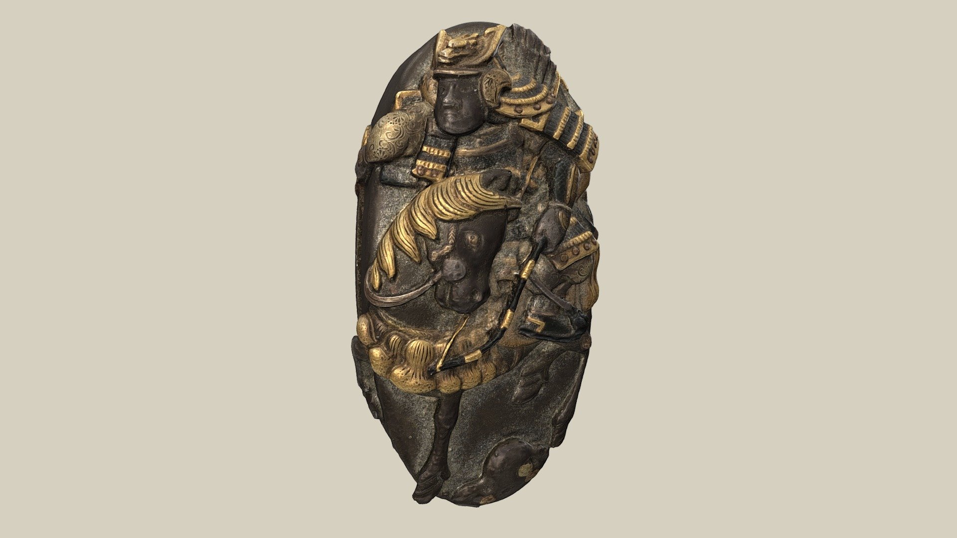 End of a Japanese sword scabbard (Kojiri) with the depiction of a warrior(?) with a bow on a horse. 19th century AD; bronze, gilt, l 3.5 cm.

Abschluss einer japanischen Schwertscheide (Kojiri) mit der Darstellung eines Kriegers(?) mit einem Bogen auf einem Pferd. 19. Jh. n. Chr.; Bronze, vergoldet, L 3,5 cm 3d model