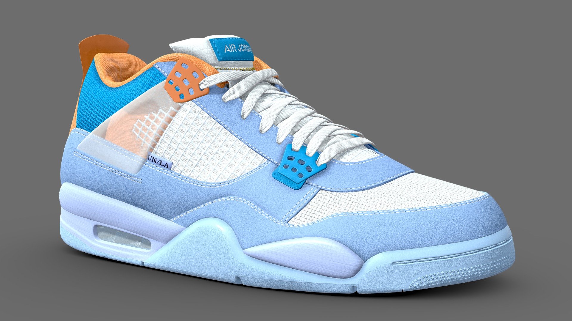 Iconic Jordan shoe in collaboration with popular sneaker boutique, Union LA. This is a custom colourway that has not released. Rumoured to release around the same time as the Taupe Haze and Desert Moss colurways, this shoe unfortunately never saw the light of day.

This model is a 1:1 replication of the original. All dimensions, angles, and curves are the same as the real life counterpart. The shoe is subdivision ready with a base polycount of 65,671 polys per shoe. The mesh uses four texture sets, all at 4096x4096 resolution, with the following maps in use: Base Color, Metallic, Roughness, Normal. The base color map contains the transparency information.

The main Blender files contain the full texture setup 3d model