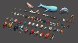 Lowpoly Animal Pack turtle, cow, goat, cat, dog, sheep, pig, dolphin, chicken, parrot, pack, duck, lion, dear, lowpoy, horse, animal, sea