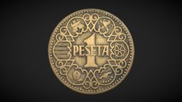 1 peseta spain, coin, patrimonio, moneda, espana, 1944, peseta, metashape, blender, 1